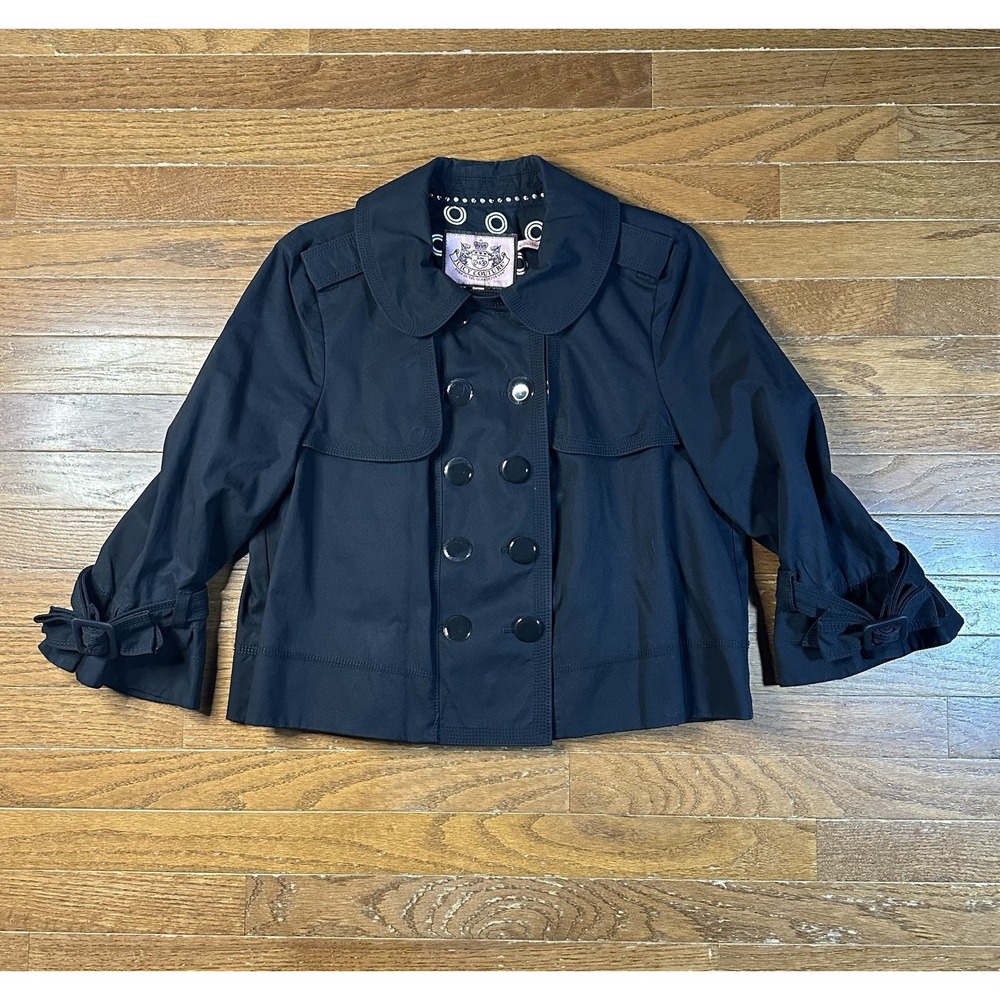 Juicy Couture Cropped Y2K Jacket Size Large Black‎ Bell Sleeve W Bow Buckle